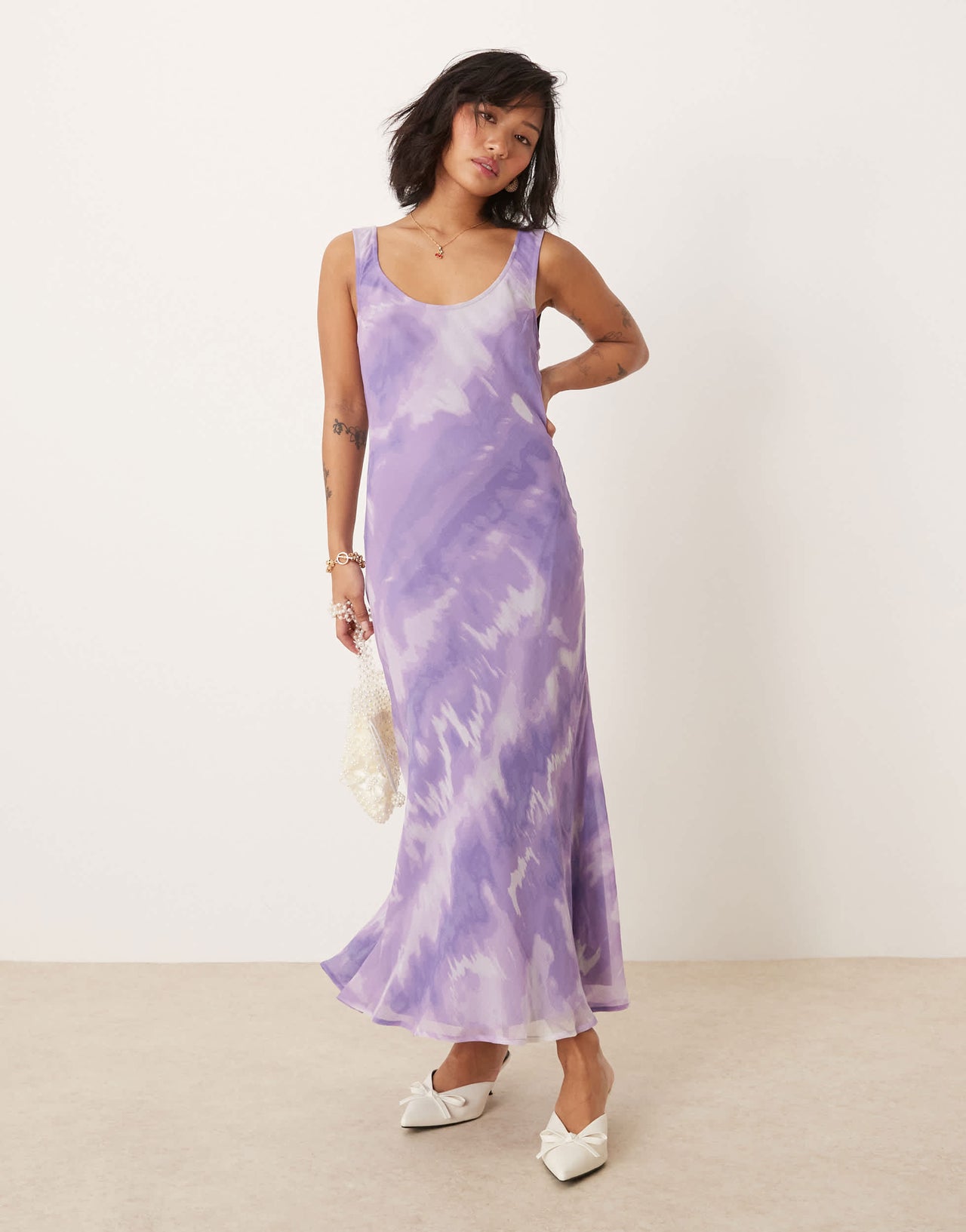 ASOS DESIGN Petite chiffon scoop neck midi slip dress in purple tie dye print