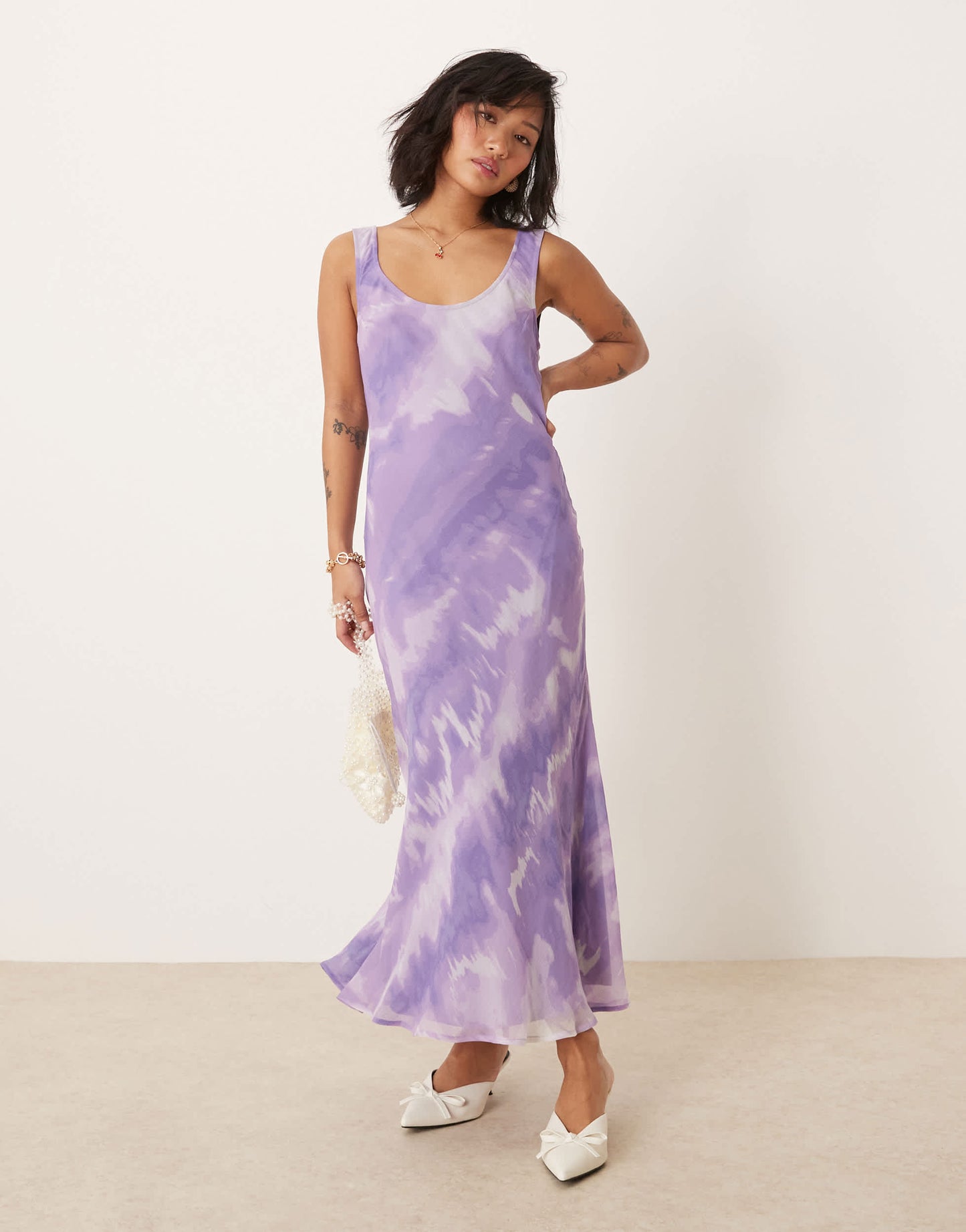 ASOS DESIGN Petite chiffon scoop neck midi slip dress in purple tie dye print
