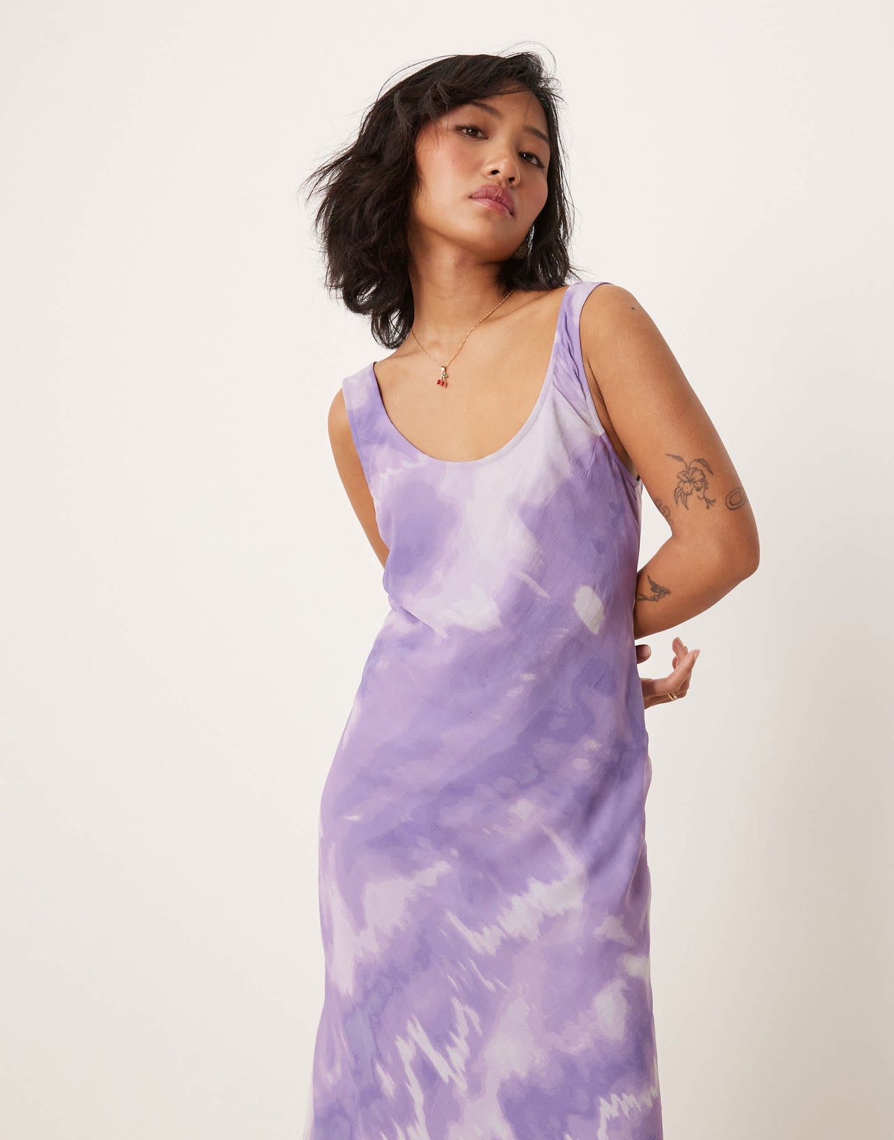 ASOS DESIGN Petite chiffon scoop neck midi slip dress in purple tie dye print
