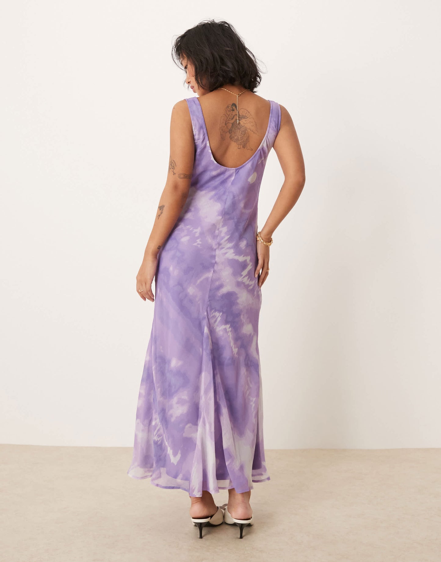 ASOS DESIGN Petite chiffon scoop neck midi slip dress in purple tie dye print