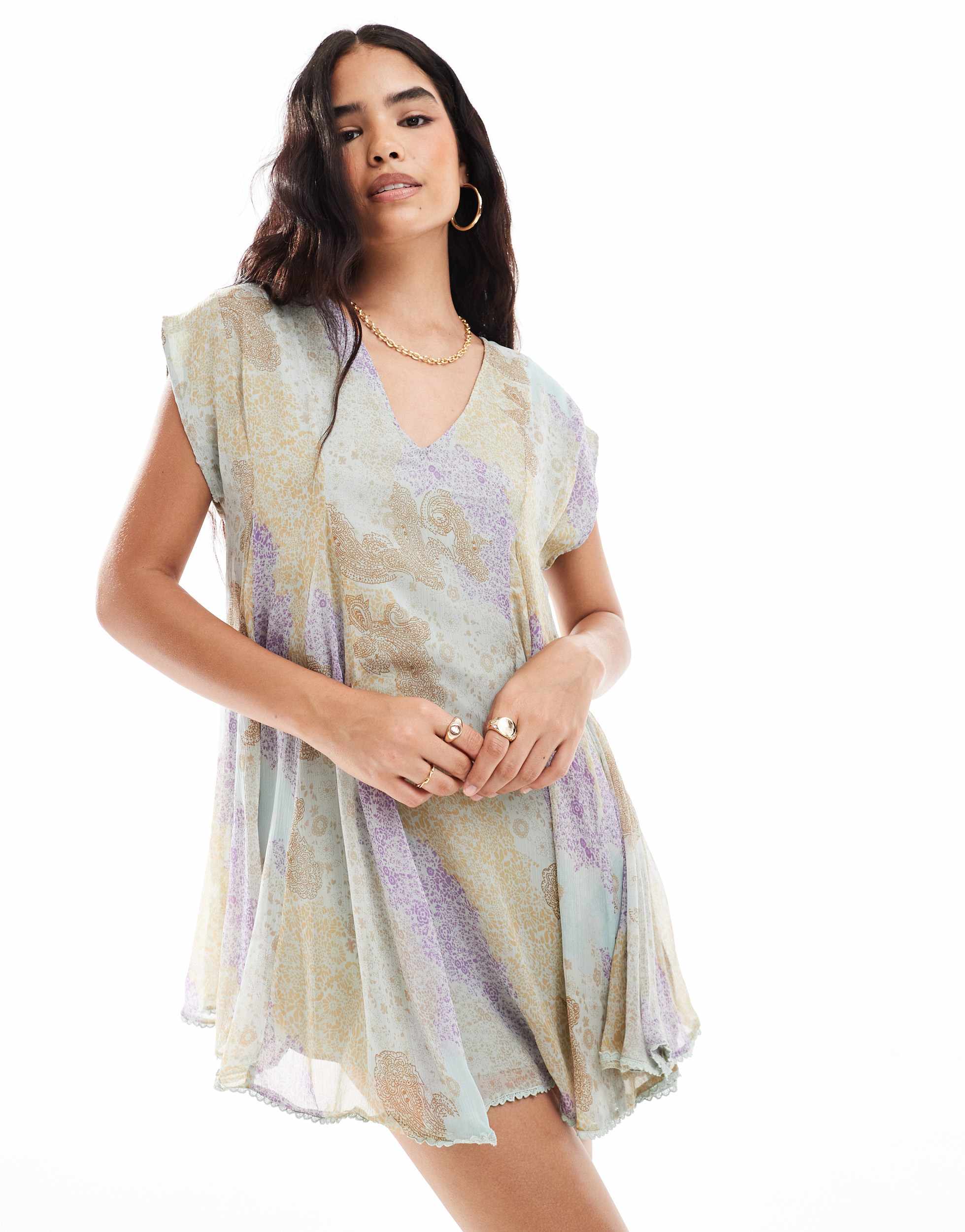 ASOS DESIGN godet smock dress with picot hem in paisley print