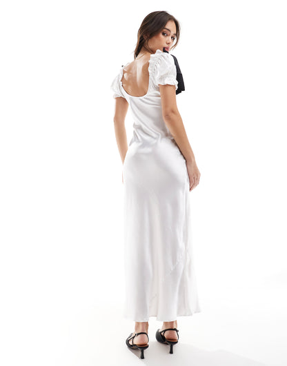 ASOS DESIGN satin puff sleeve midi tea dress in white