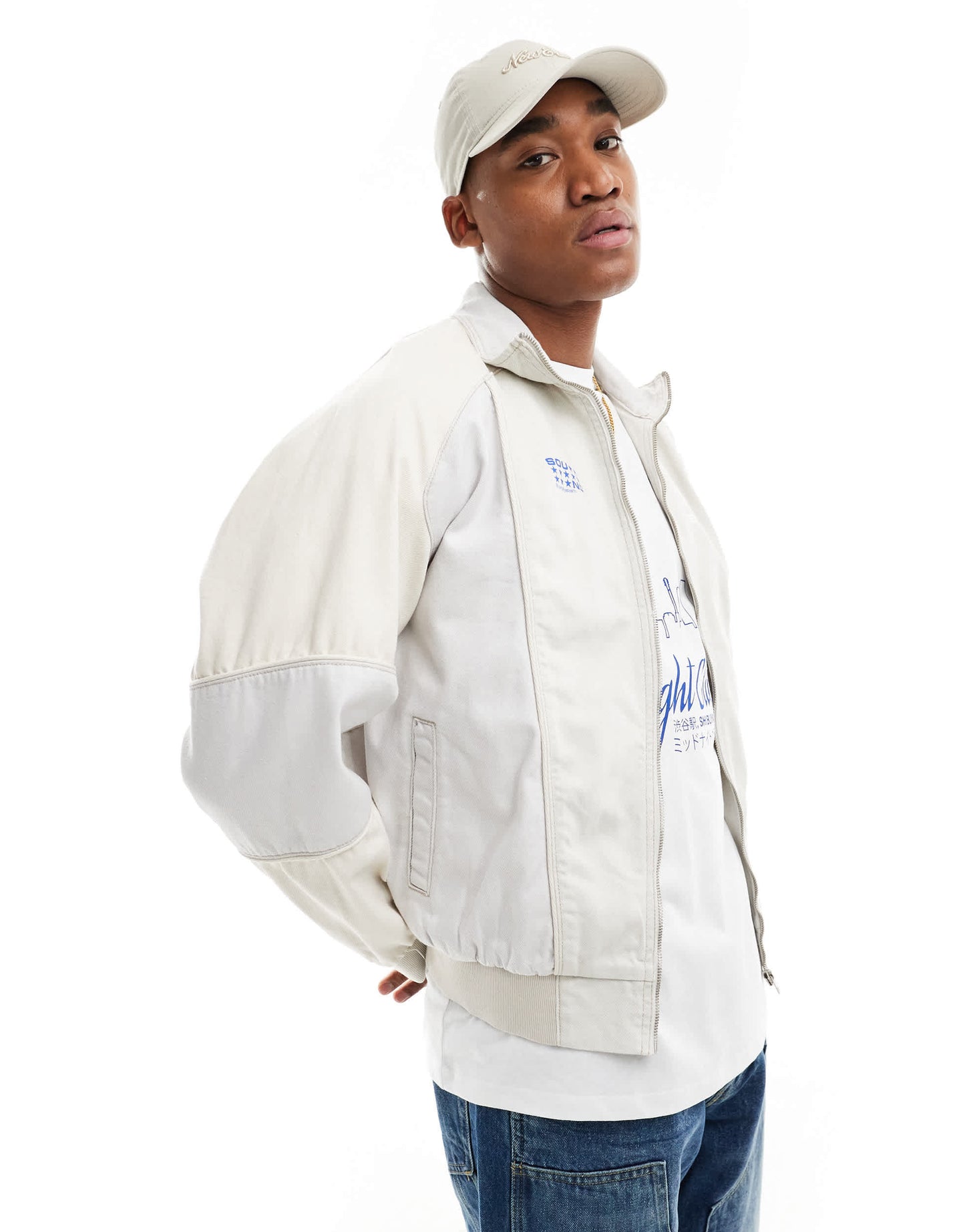 Bershka panelled denim jacket in ecru