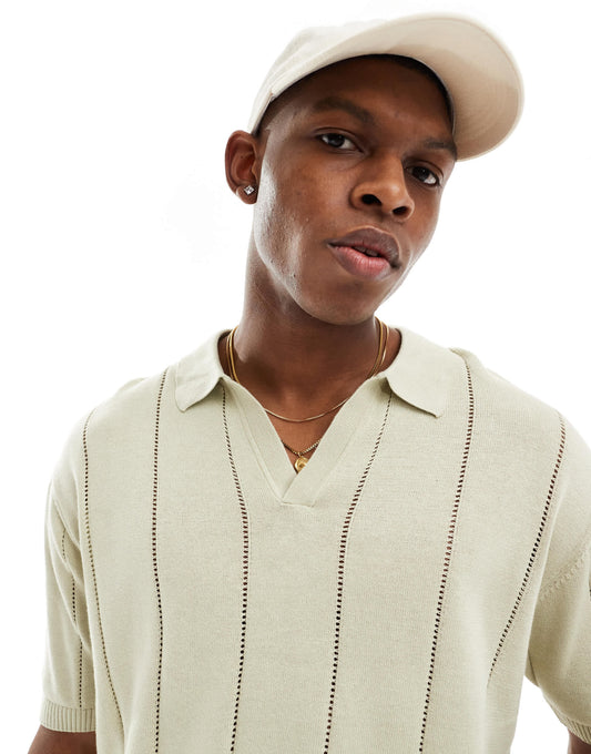 Bershka textured knitted polo shirt in sage