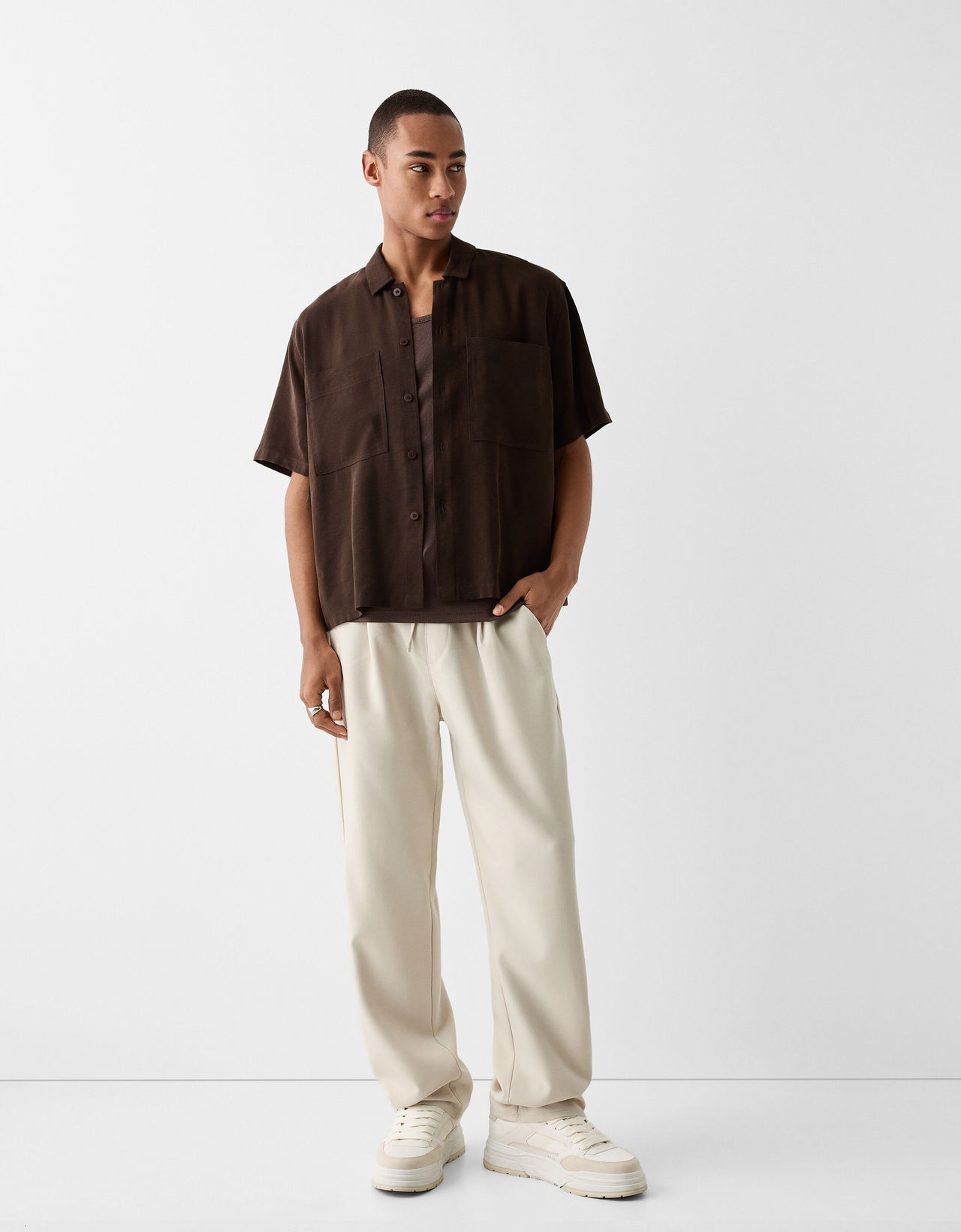 Bershka wide leg tailored trouser in ecru