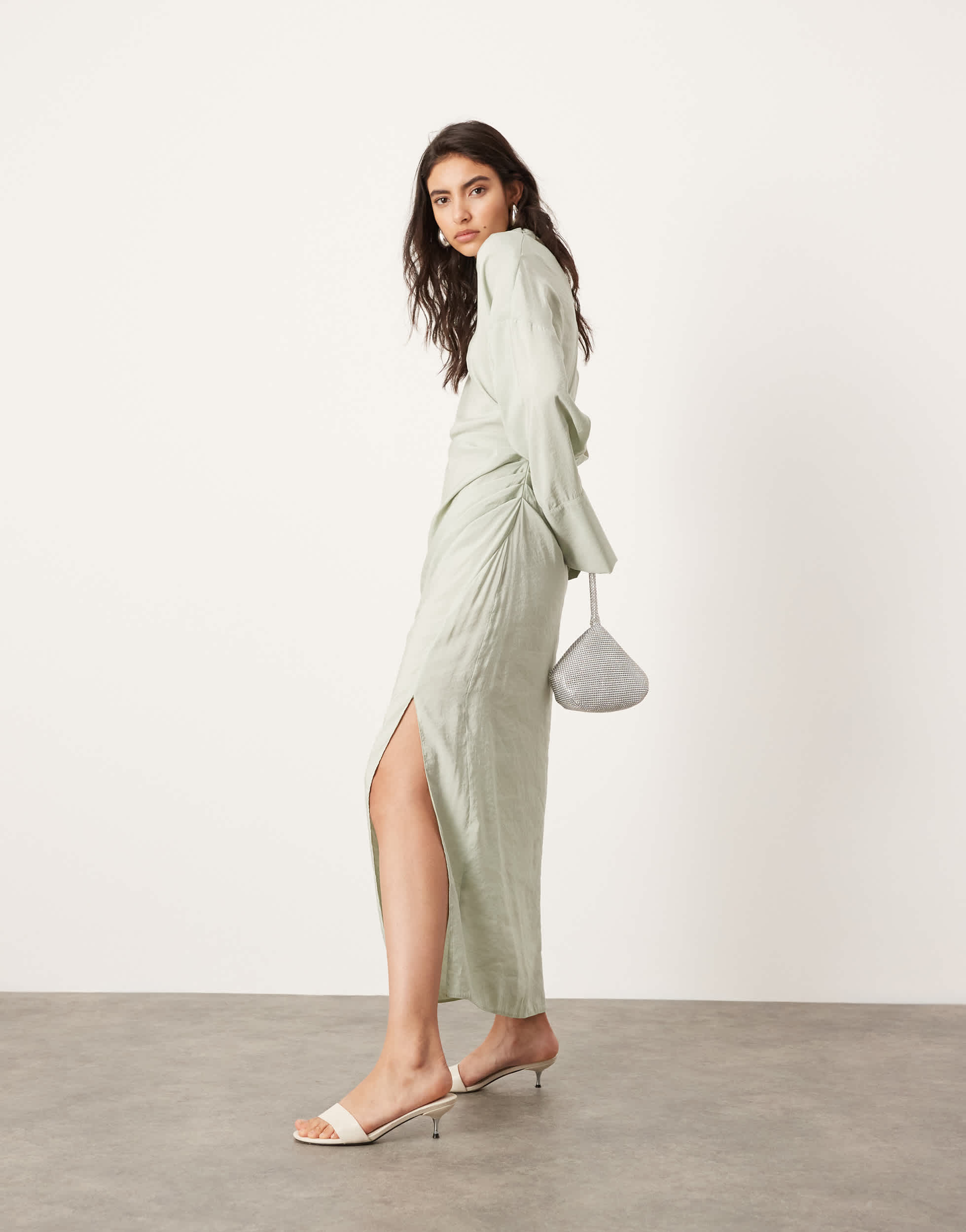 ASOS EDITION soft high neck ruched detail maxi dress with cut out back in pale sage