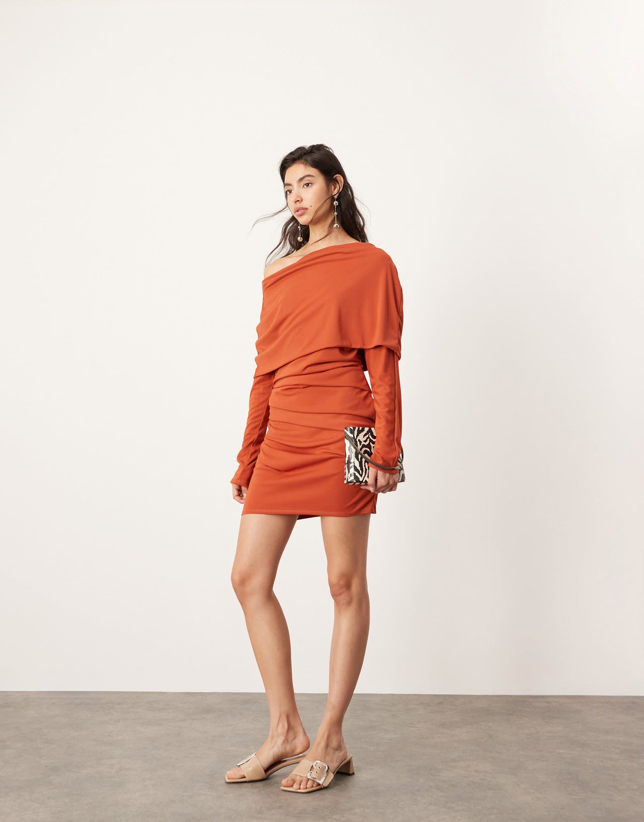 ASOS EDITION jersey long sleeve slouchy mini dress with layering detail in rust