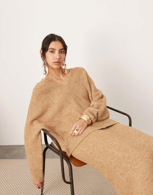 ASOS EDITION knitted v neck oversized jumper co-ord in biscuit