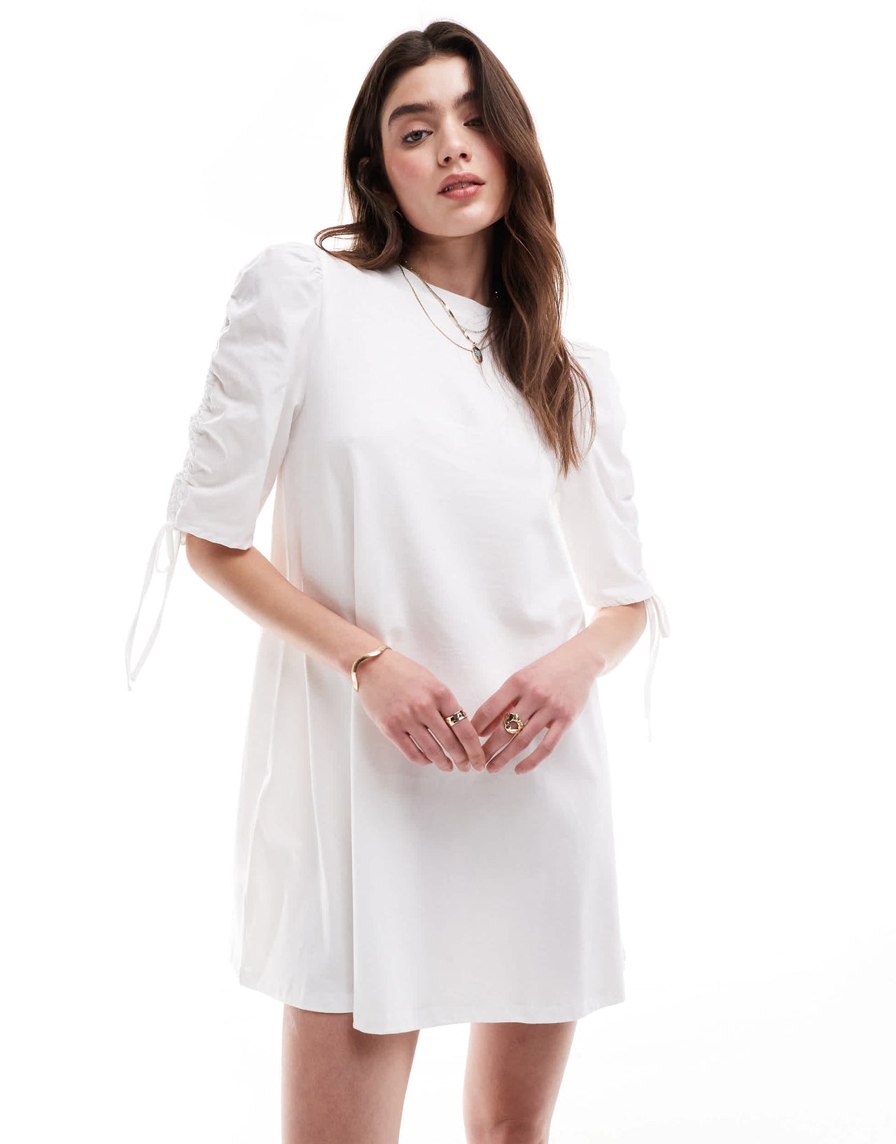 ASOS DESIGN ruched tie sleeve t-shirt mini dress in white