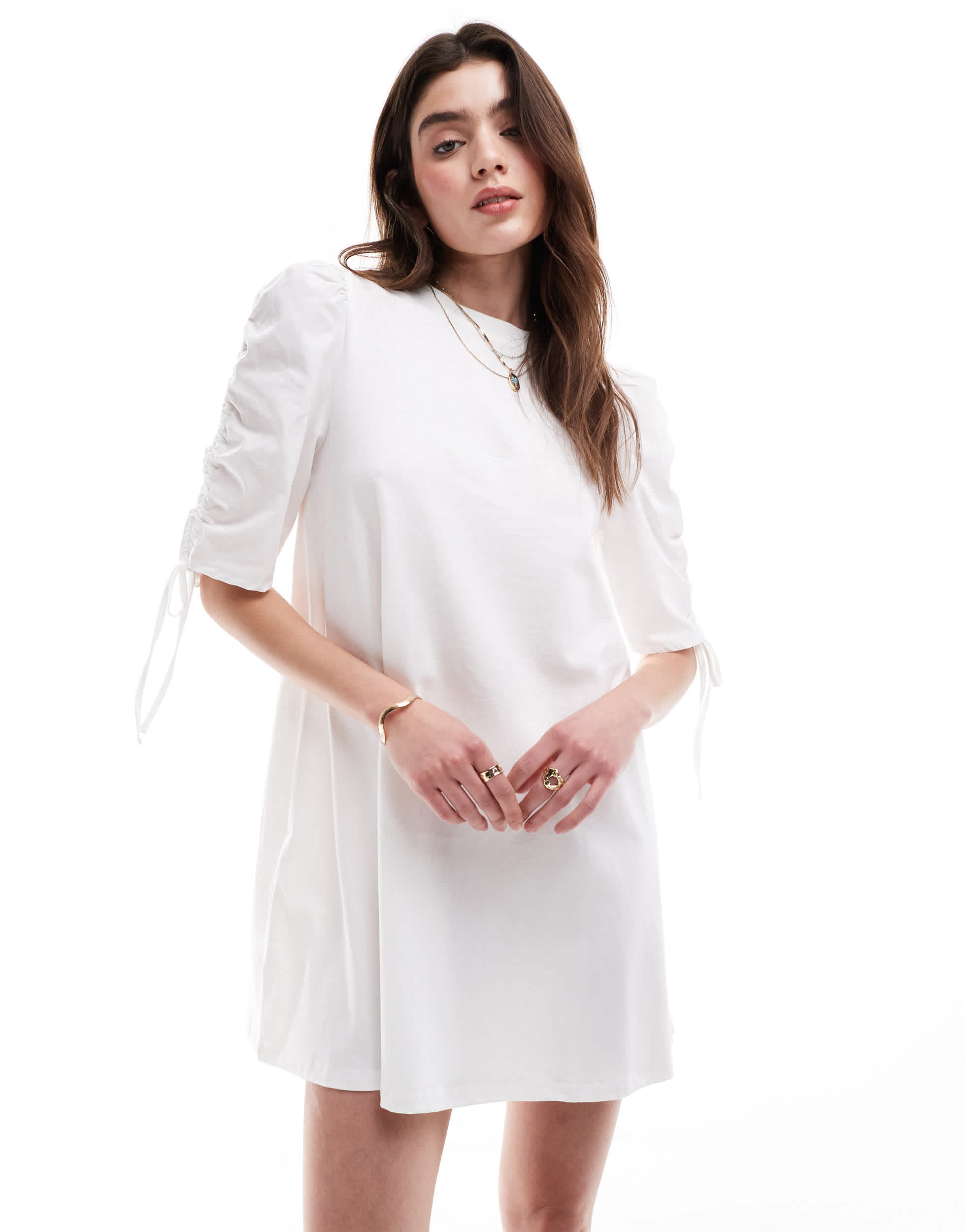 ASOS DESIGN ruched tie sleeve t-shirt mini dress in white