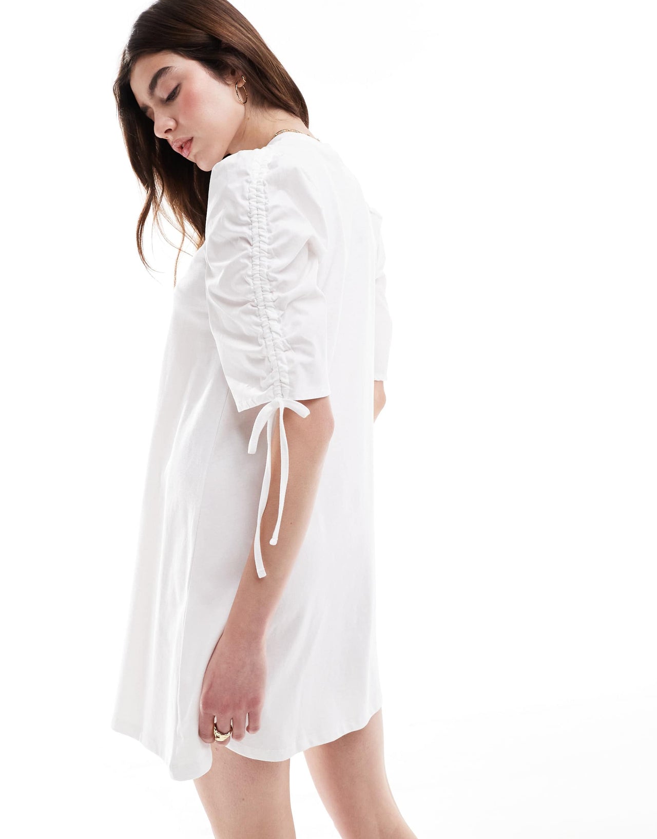 ASOS DESIGN ruched tie sleeve t-shirt mini dress in white