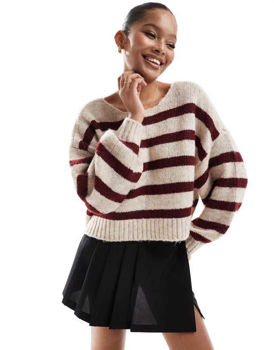 ONLY wide neck stripe jumper in burgundy & cream