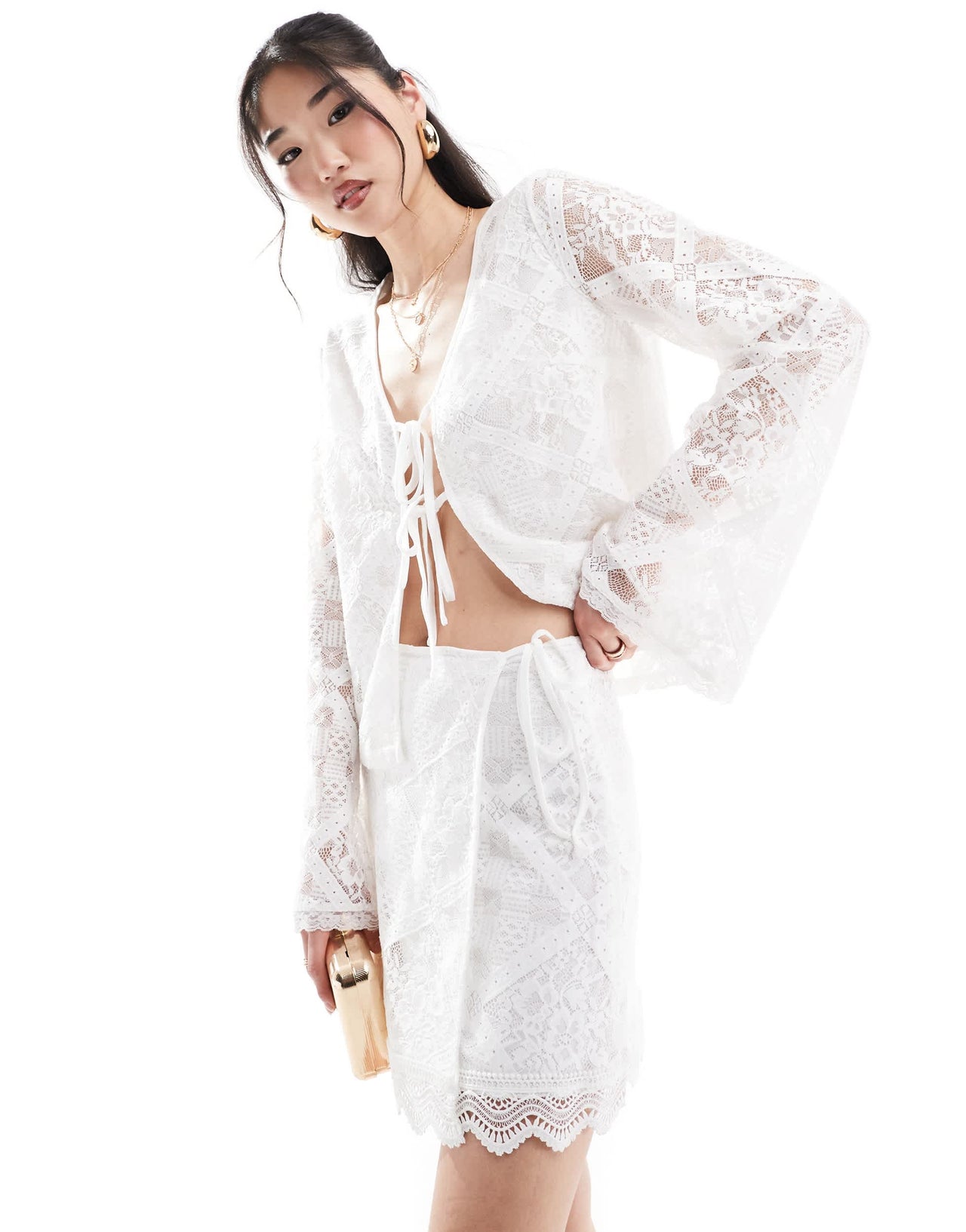 Y.A.S lace tie side mini skirt co-ord in white