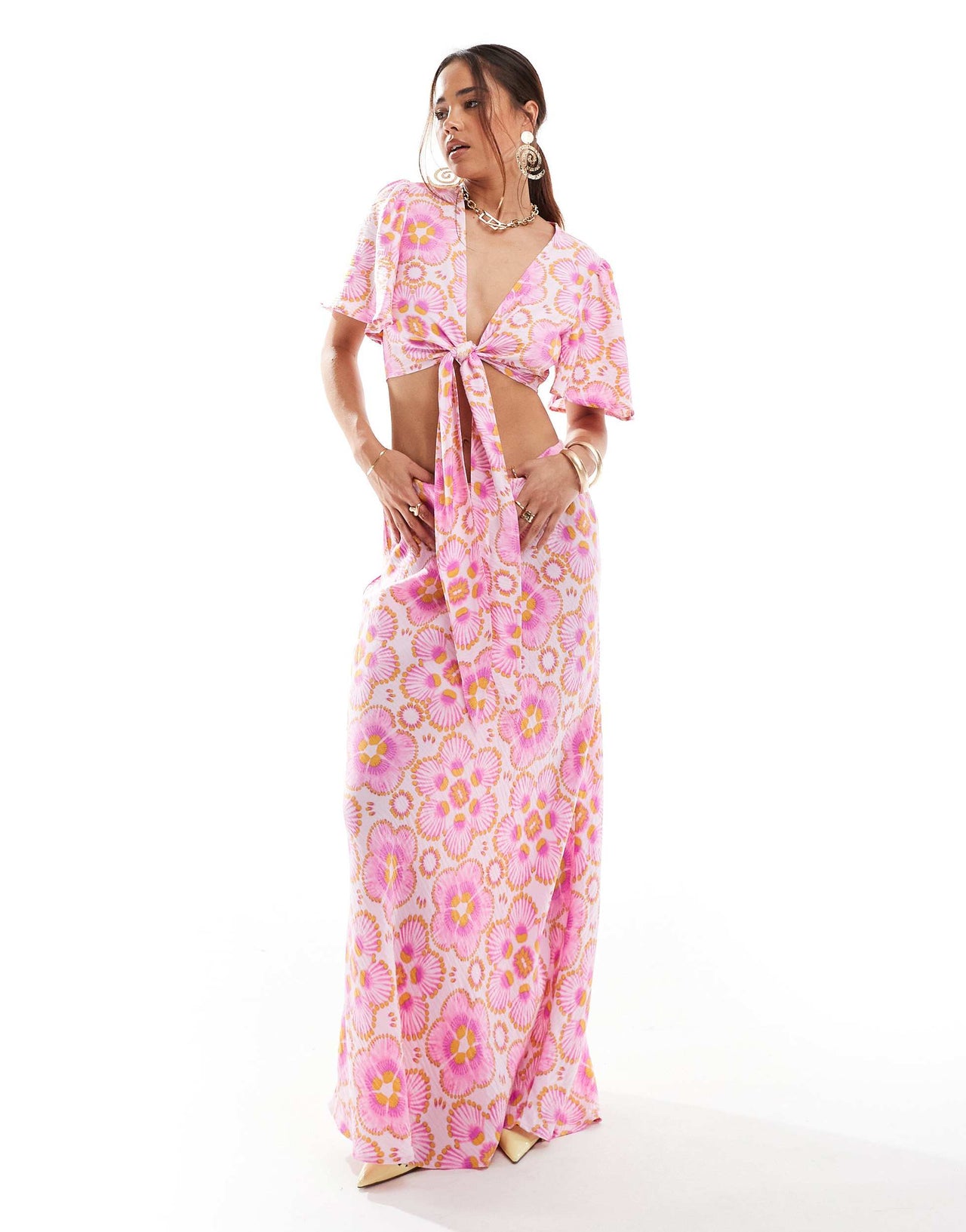 Y.A.S cropped tie front top co-ord in pink floral