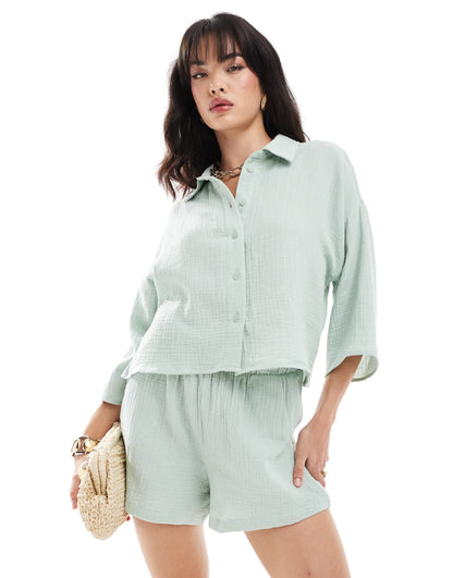 Vero Moda textured cropped shirt co-ord in pale green