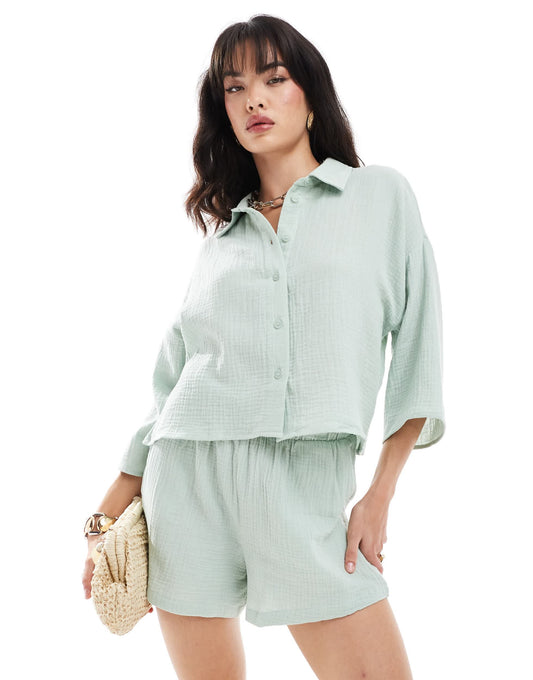 Vero Moda textured cropped shirt co-ord in pale green