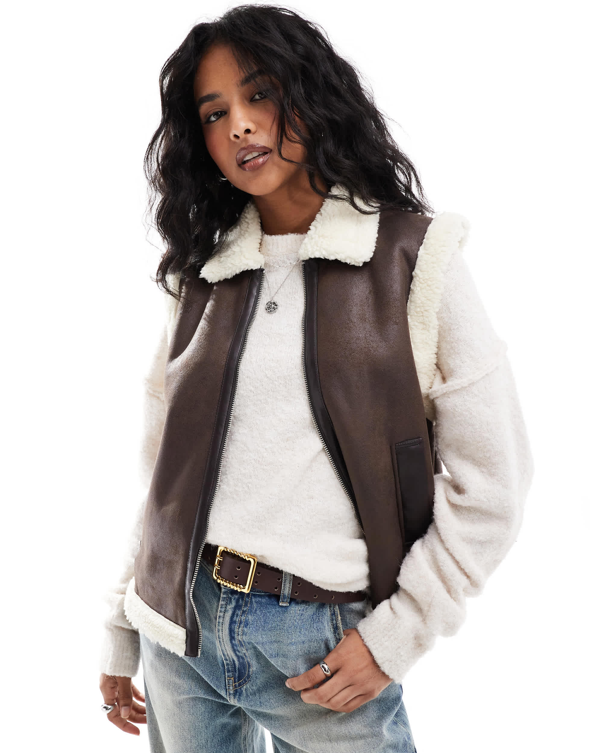 ONLY aviator shearling gilet in brown