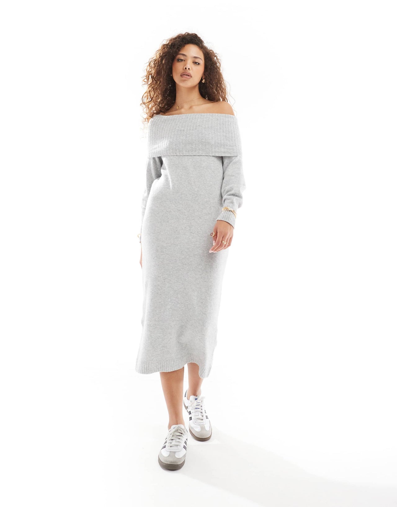 ONLY off shoulder midi dress in light grey melange