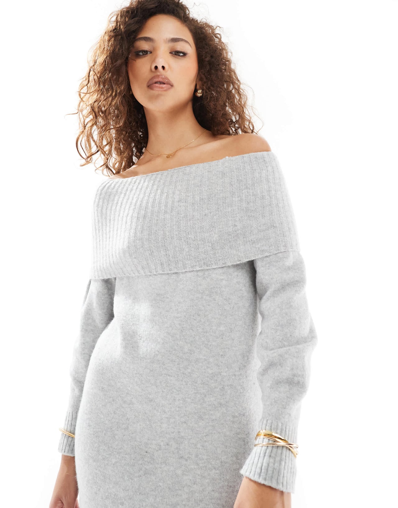 ONLY off shoulder midi dress in light grey melange