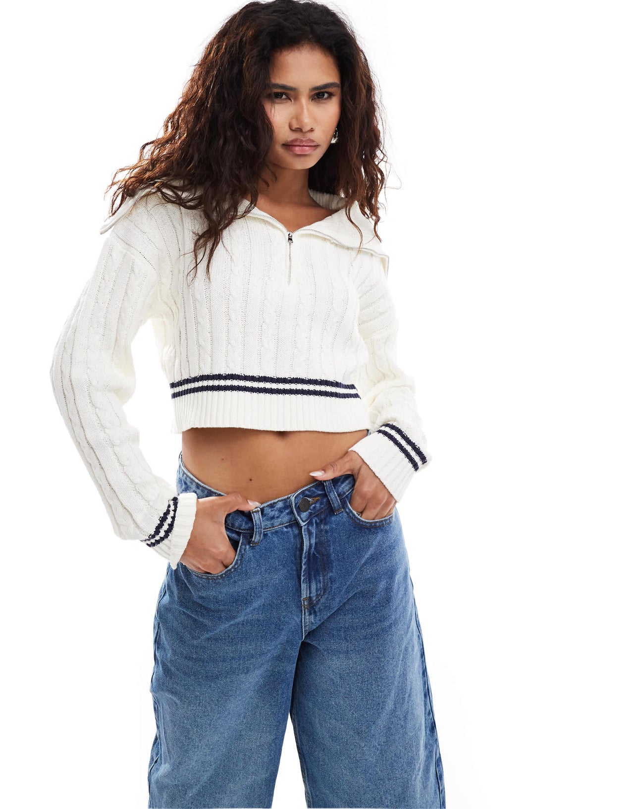 Bailey Rose knitted crop collar detail jumper in cream