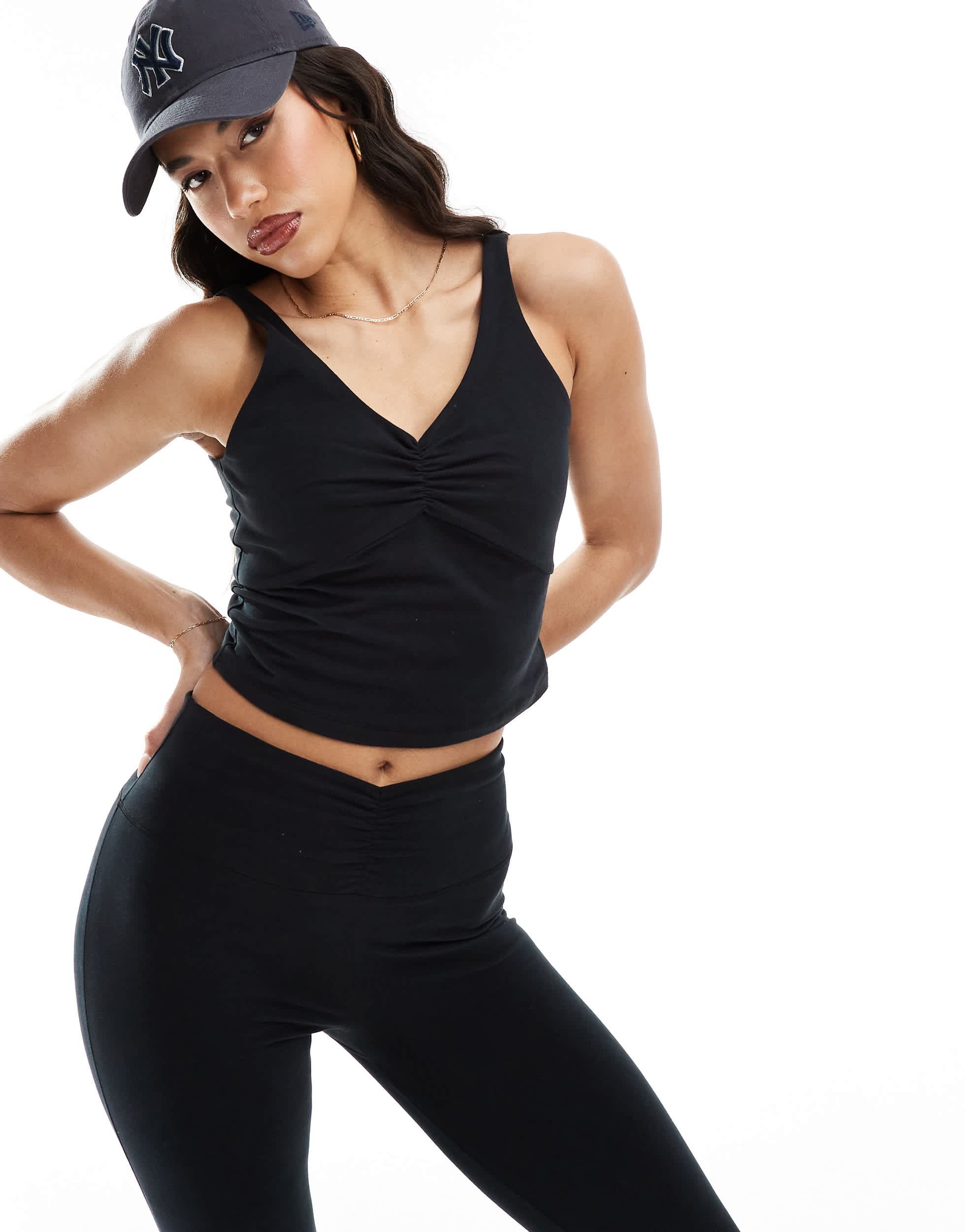 4505 soft touch vest top with ruched front and inner bra in black