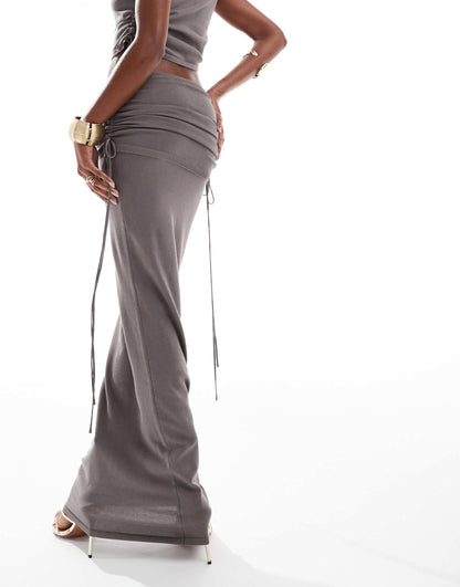 Simmi foldover waist tie side maxi skirt co-ord in charcoal