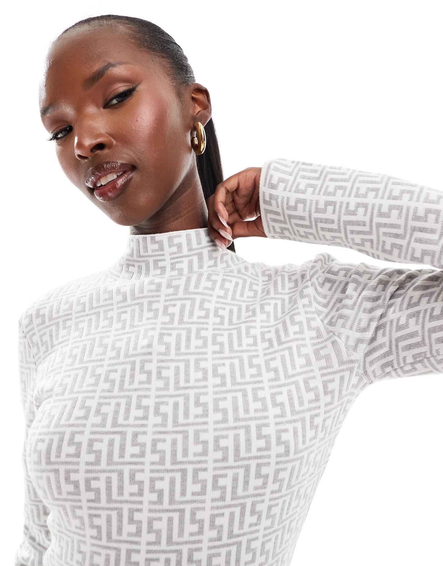 Simmi high neck knitted mini dress in grey geo print