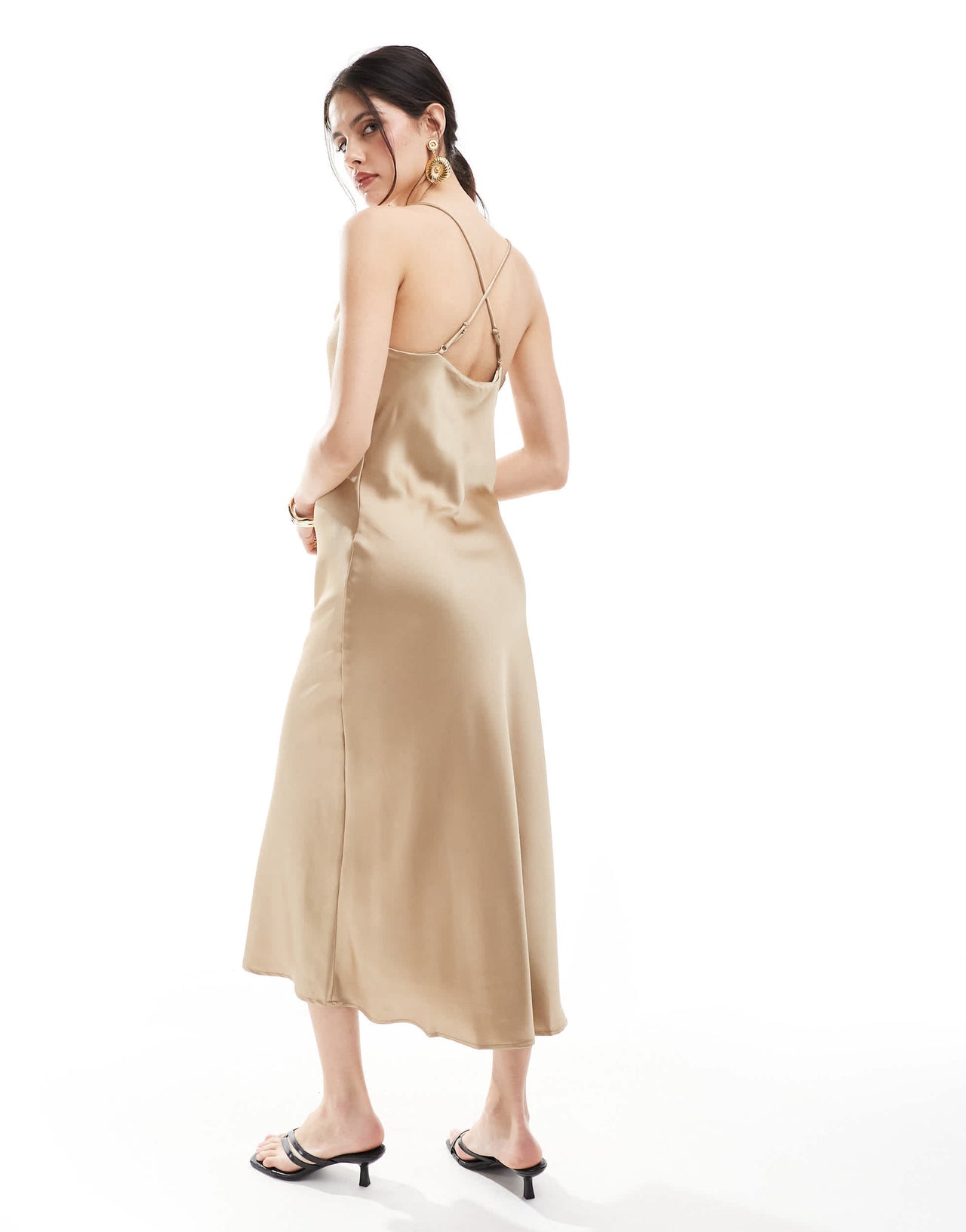 Object cowl neck midi slip dress in beige