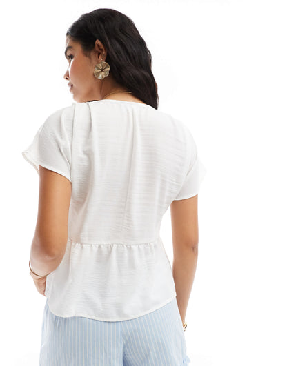 ASOS DESIGN linen look peplum button front top in ivory