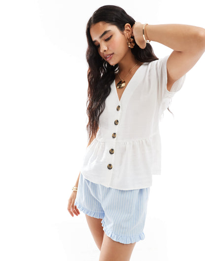 ASOS DESIGN linen look peplum button front top in ivory