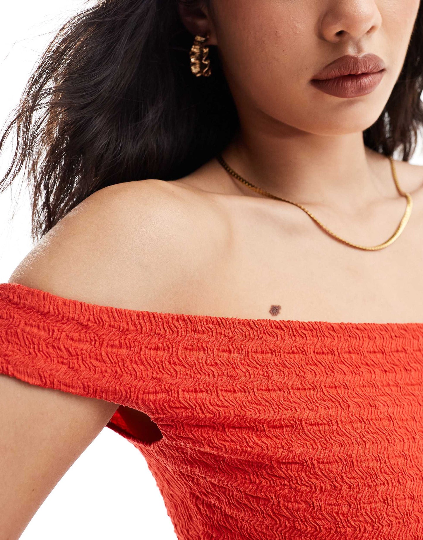 Bershka bardot crinkle bodysuit in red