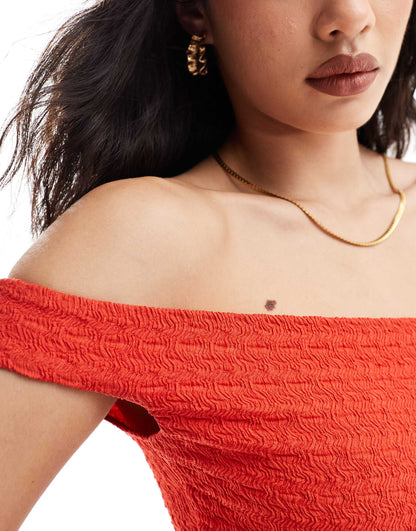 Bershka bardot crinkle bodysuit in red