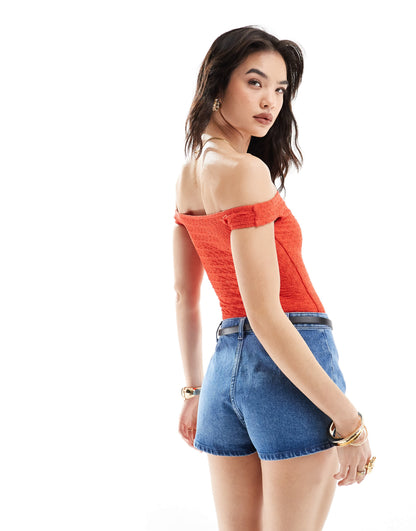Bershka bardot crinkle bodysuit in red