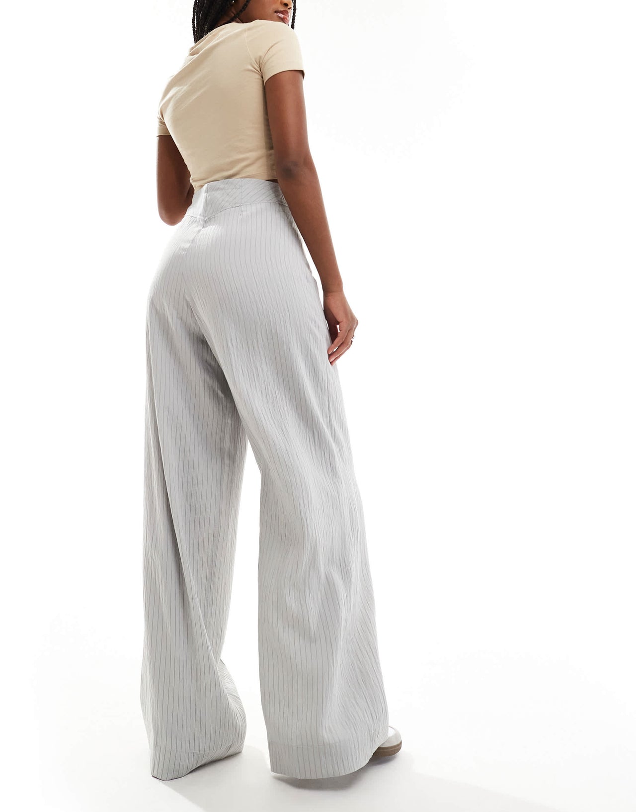 Bershka high waisted wide leg tailored trousers in light grey stripe