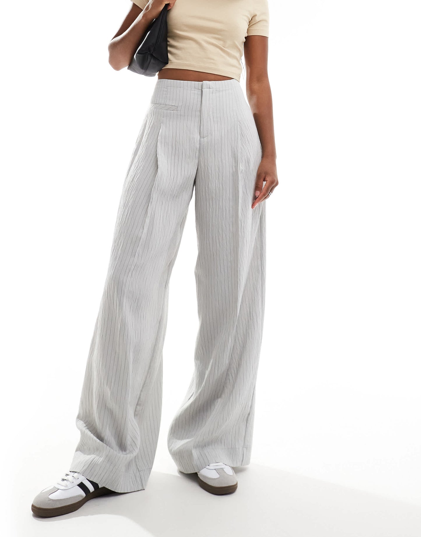 Bershka high waisted wide leg tailored trousers in light grey stripe
