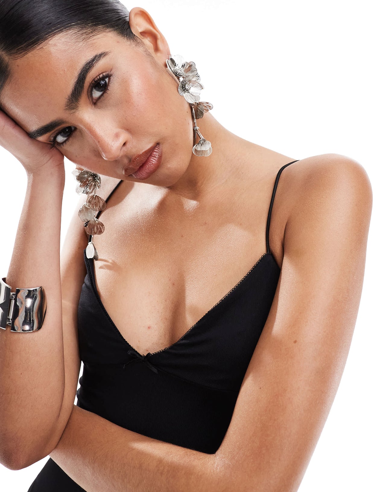 Bershka thin strap bow detail bodycon maxi dress in black