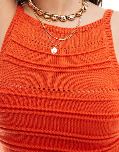 Bershka straight neck ribbed knitted strappy top co-ord in red