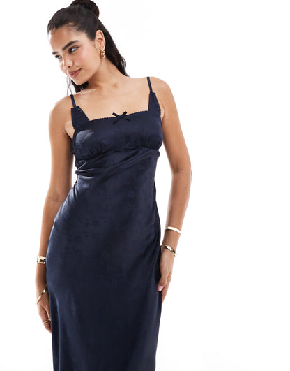 ASOS DESIGN jacquard bra detail ruched bust cami midi slip dress in navy