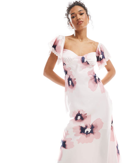 ASOS DESIGN bardot midi with lace inserts in pink floral