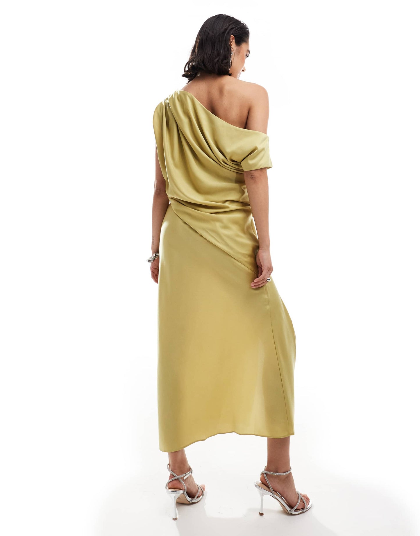 ASOS DESIGN satin off shoulder draped midi dress with split in lime