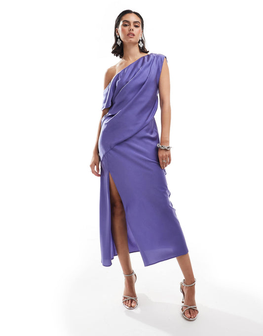 ASOS DESIGN satin off shoulder draped midi dress with split in blue