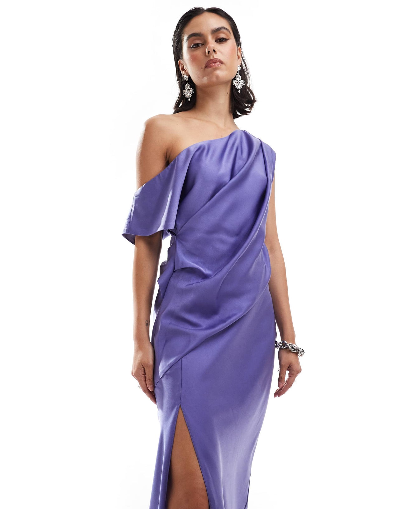 ASOS DESIGN satin off shoulder draped midi dress with split in blue