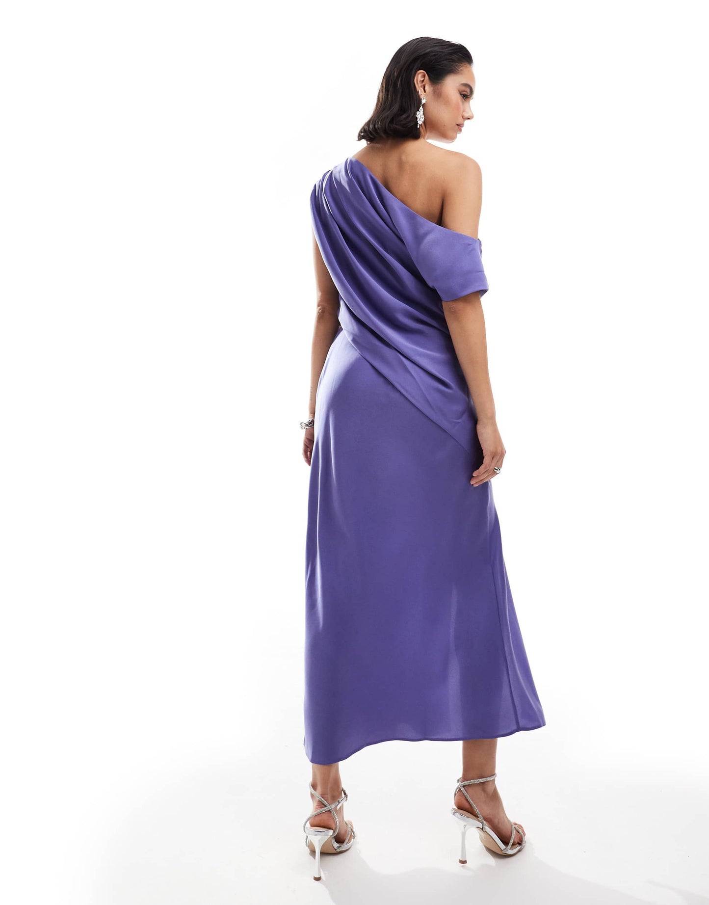 ASOS DESIGN satin off shoulder draped midi dress with split in blue