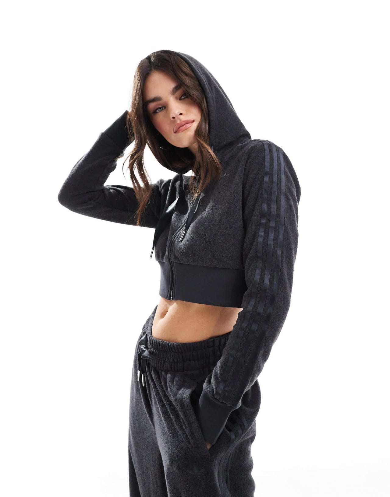 adidas Originals fleece zip through hoodie co-ord in black