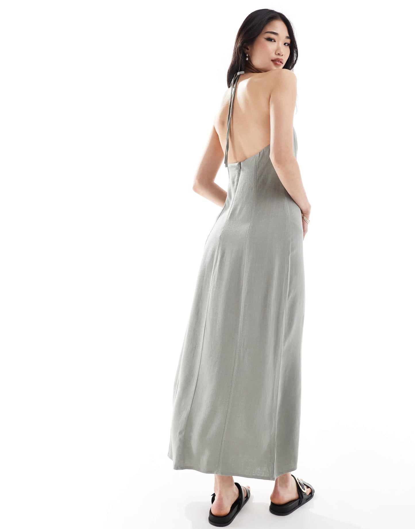 Stradivarius linen look cami maxi dress in washed khaki