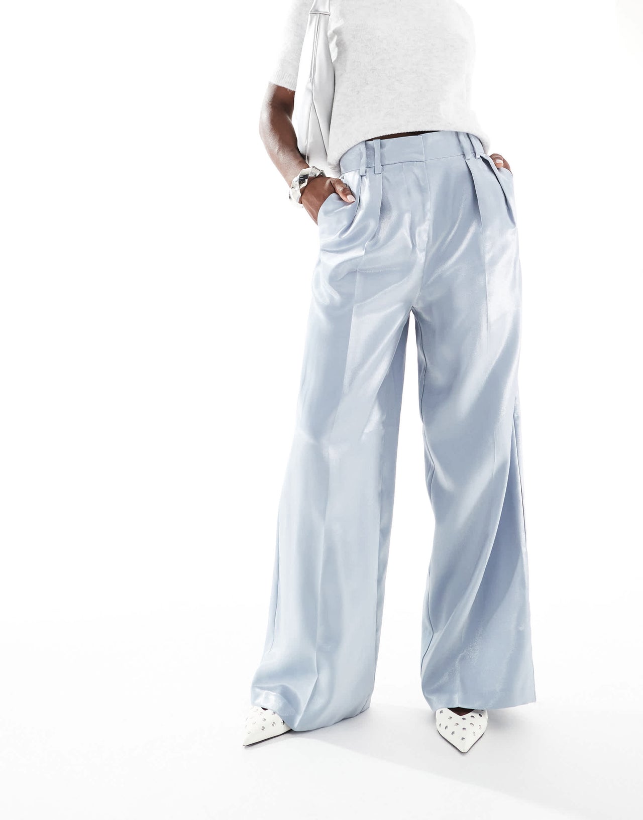 ASOS DESIGN tailored high waist wide leg trousers with pleat detail in metallic