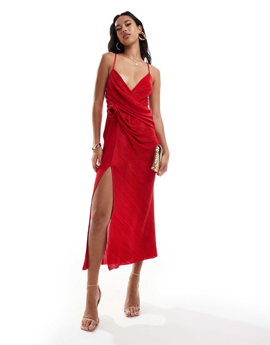 ASOS DESIGN plisse maxi cami dress with waterfall corsage front in red