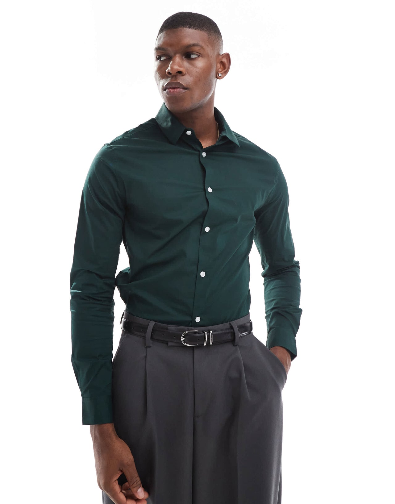 ASOS DESIGN skinny poplin shirt in dark green