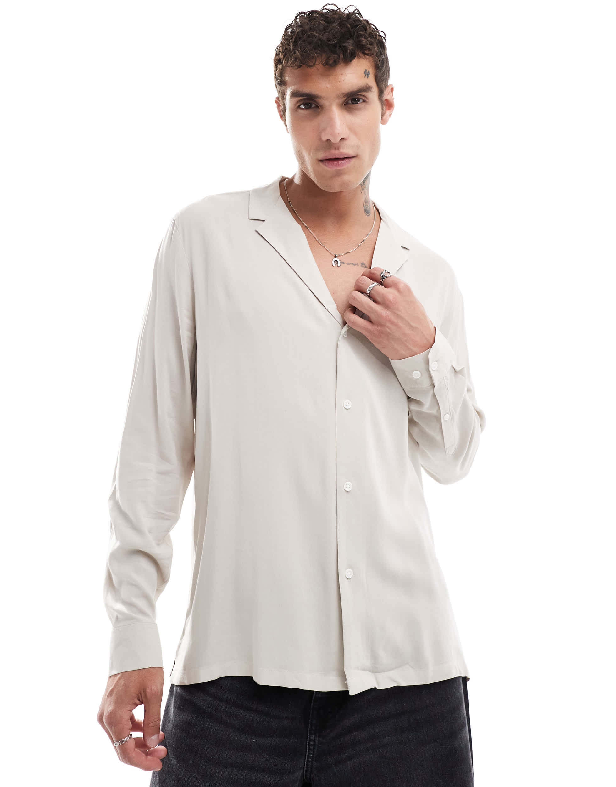 ASOS DESIGN relaxed deep revere viscose shirt in stone