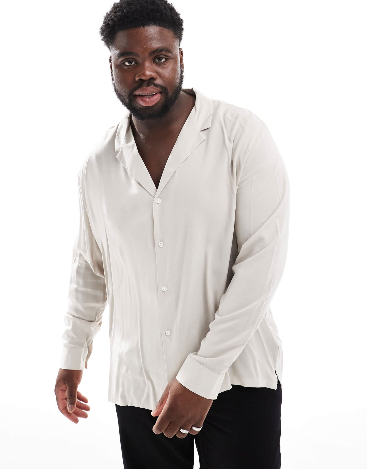 ASOS DESIGN relaxed deep revere viscose shirt in stone